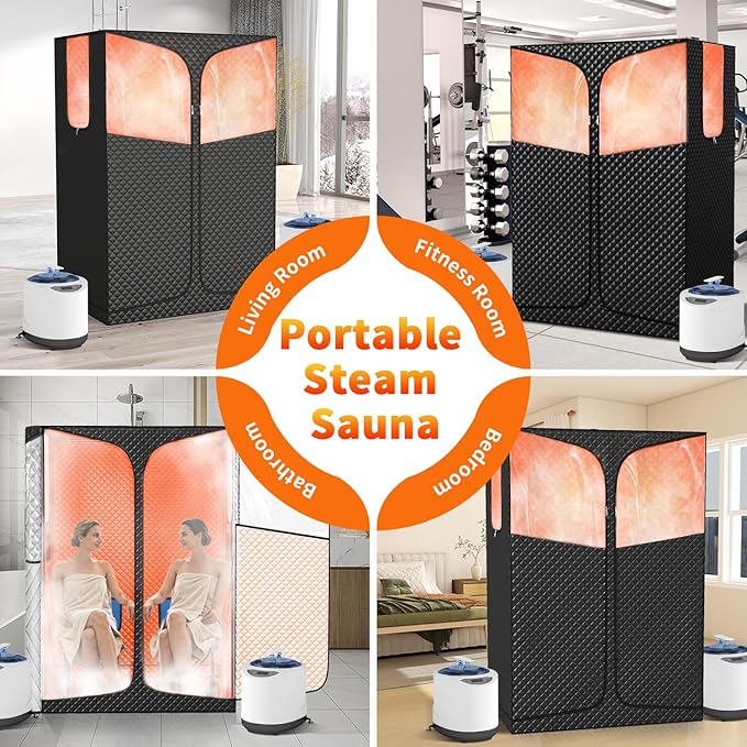 Portable Steam Sauna Box for Home, Infrared Sauna Tent with 3L Steam Generator, Remote Control, 9 Temperature Levels, 99 Minute Timer, Indoor 2 Person Sauna with Foldable Chair for Home Spa,Black