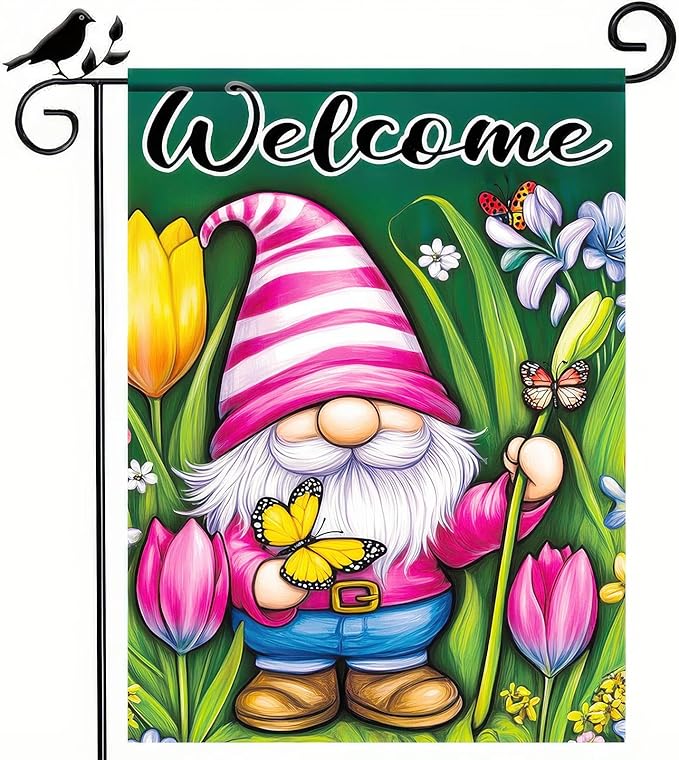 Spring Garden Flag 12x18 Inch Double Sided Cute Gnome Butterfly Outside Holiday Yard Welcome Spring Yard Flags Seasonal Decorations of Turmeric Flowers Outside Holiday Farmhouse Flag