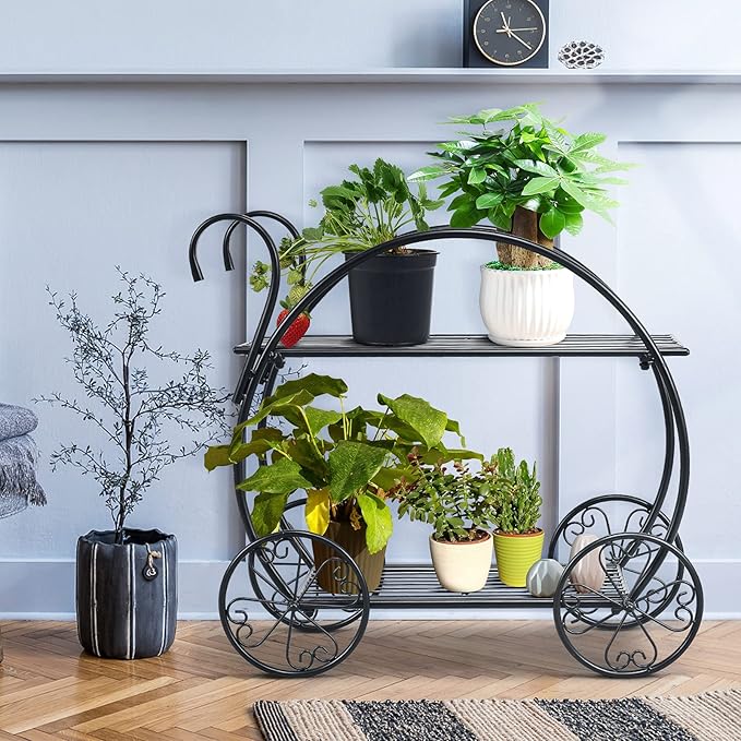 S AFSTAR Metal Plant Stand, Two Tiered Garden Cart Shelf for Indoor Outdoor Home Garden Patio, Parisian Style Flower Pot Holder, Stable and Durable