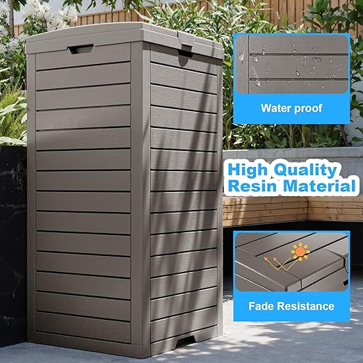 Outdoor Trash Can with Lid, Outdoor Trash Bin & Pull-Out Liquid Drawer, Dual Lid Closure Design, Waterproof Resin Garbage Can Container for Patio, Backyard, Deck (Grey, 31 Gallon)