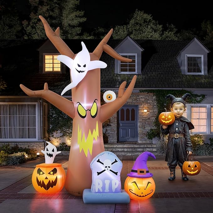 8FT Halloween inflatables Tree, Blow Up Yard Scary Dead Tree with Pumpkin Ghost Tombstone Inflatable for Garden Lawn Indoor Party Decor, Halloween Decorations Outdoor