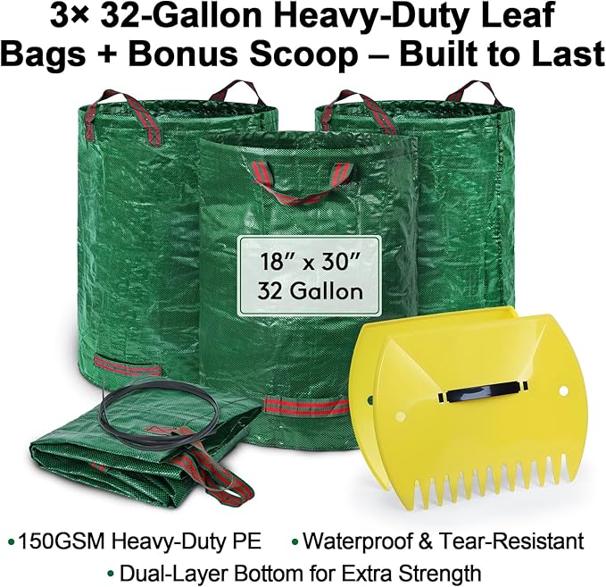 3-Pack 32 Gallon Yard Waste Bags with Leaf Scoop — Collapsible, Stand-Open Garden Bags with Reinforced Handles, Heavy-Duty Reusable Lawn Containers for Leaves, Weeds & Debris