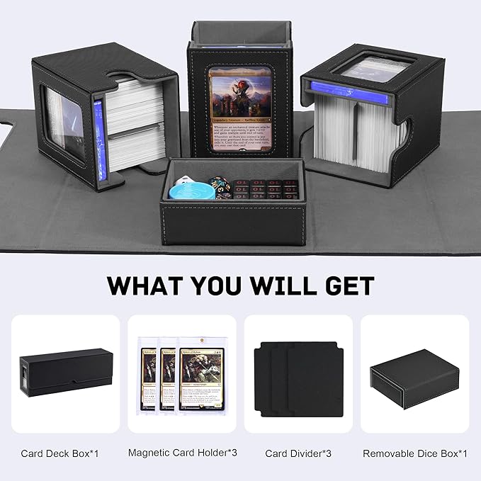 Marsguard Trading Card Deck Box with Commander Display，4 in 1 MTG Storage Holds 300+ Double-Sleeved Cards，3 Deck Boxes & Dice Tray Included，Fits MTG, TCG, PTCG & Sports Cards