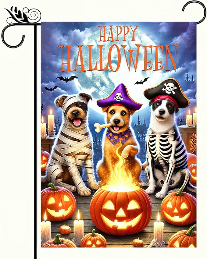 Happy Halloween Garden Flag Double Sided 12x18 Flag Halloween Puppy With Pumpkin And Bat Garden Flag Pirate Costumed Puppy For Autumn Winter Outdoor Yard Lawn Decoration Banner