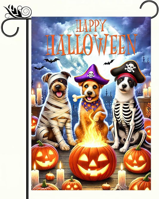 Happy Halloween Garden Flag Double Sided 12x18 Flag Halloween Puppy With Pumpkin And Bat Garden Flag Pirate Costumed Puppy For Autumn Winter Outdoor Yard Lawn Decoration Banner