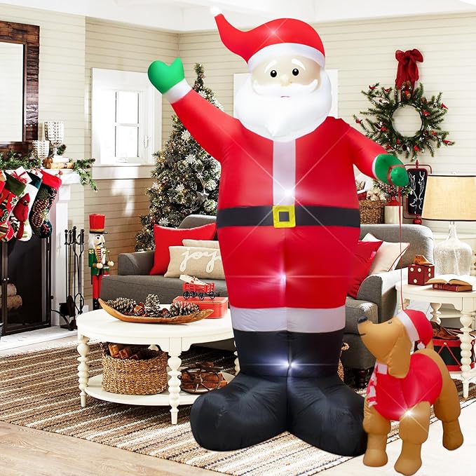 12 Foot Inflatable Christmas Santa Claus with Dog Outdoor Decoration LED Lights Blow up Santa Claus for Lawn Garden Christmas Party Holiday Decor Easy Setup and Storage