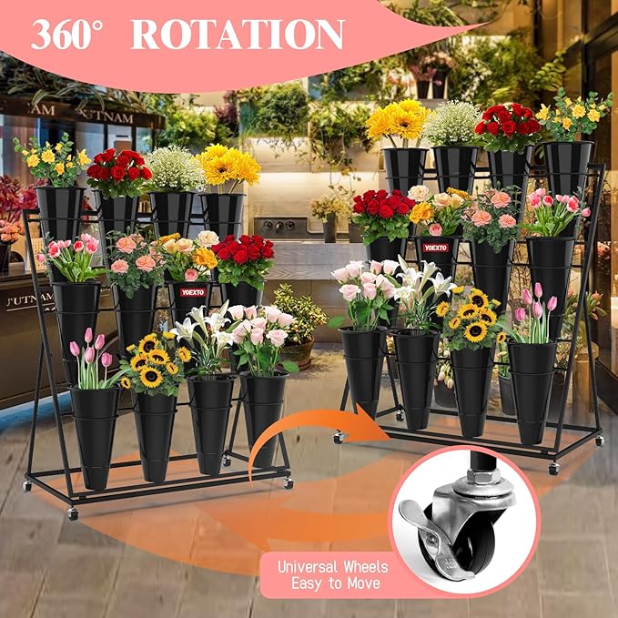 Flower Display Stand with Buckets, 3-Layers 12 PCS Buckets Plant Stand with Wheels, Movable Metal Plant Stand for Terrace Garden, Living Room, Florist Shop