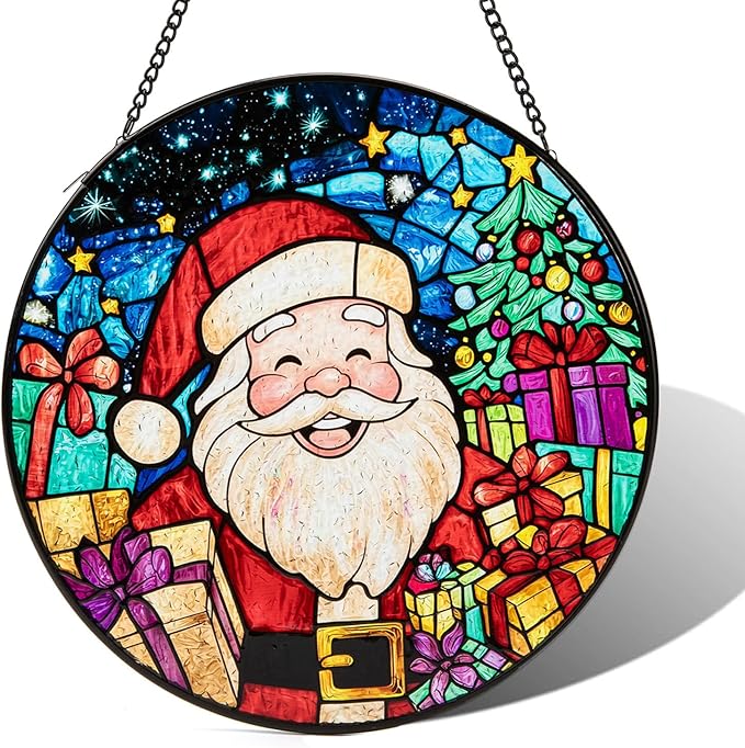Santa Stained Glass Window Hanging, Santa Claus Suncatcher for Doors Home Sun Catchers Decoration and Christmas, Mother's Day Birthday Gifts for Women, Men, and Mom (8 Inch)