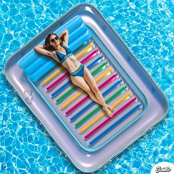 JAMBO Inflatable Tanning Pool Lounger Float, 70 x 47 Sun Tanning Pool Float with Pillow, Water Lounge Raft, Pool Floatie for Adults, Tanning Raft Pool Tub, Water Tanning Bed Kiddie Pool Tanning Floats