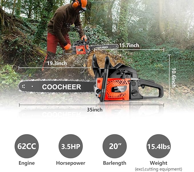 COOCHEER 62CC Gas Chainsaw, 20” 2-Stroke Portable Top Handle Woodcutting Saw with 2 Chain and Tool Kit, Chain saw Gas power for Tree Stumps, Tree Felling(Upgraded)