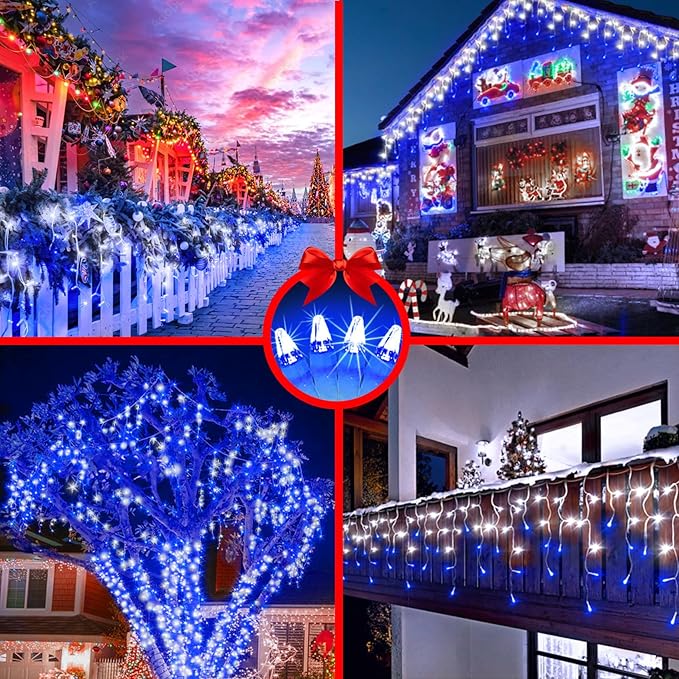 792 LED Christma Lights with 176 Drops, 82ft Outdoor Hanging lights with 8 Modes & Timer Memory, Outsite Waterproof Curtain String Lights for Front House Fence Tree Holiday Decorations Blue & White