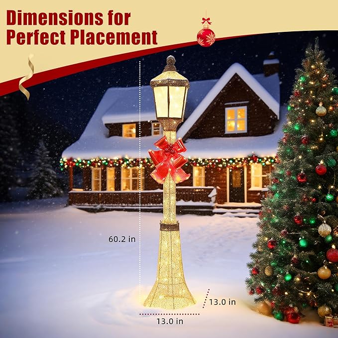 60Inch Outdoor Christmas Decorations Outdoor Lighted Lamp Post 3D Lamppost LED Lighted Display with 128 LED Lights&Bow, Holiday Decorations for Yard, Porch, Patio (2-Pack)