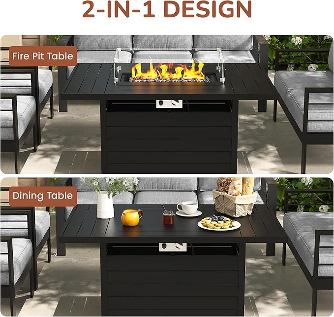 Solaste Aluminum Patio Furniture Set with Fire Pit Table, 5 Piece Metal Outdoor Furniture with Water-Resistant Cushions, Modern Patio Conversation Set for Balcony, Front Porch, and Backyard, Black