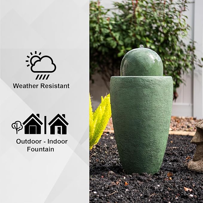 XBrand 25.98" H Round Stone Indoor/Outdoor Modern Stone Textured Sphere Water Fountain w/LED Lights, Ball Fountain Decor, Green