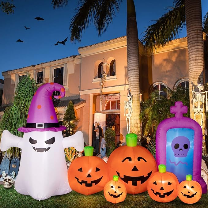 Halloween Decorations Outdoors 8FT Long Inflatable Pumpkin with Ghost and Skull Tombstone Scary Blow Up Halloween Pumpkin Decoration Built-in LEDs for Party Garden Lawn Decor
