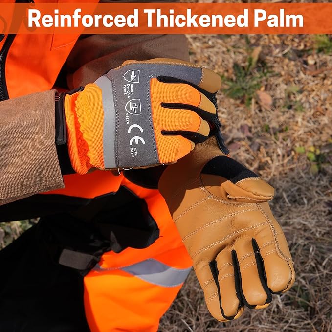 Chainsaw Gloves, Genuine Leather Logging Safety Gloves, 12-Layer Anti-cutting Protection on Left Hand Back, Cowskin