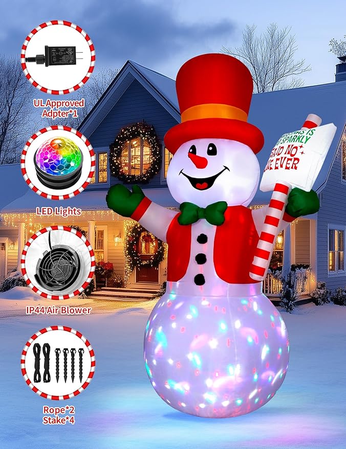8ft Christmas Inflatable Outdoor Decoration Snowman, Gentleman Snowman Holding Sign Welcoming Guest, Built-in Rotating Disco Light, Blow Up Outside Decor for Xmas Holiday Lawn Yard Garden