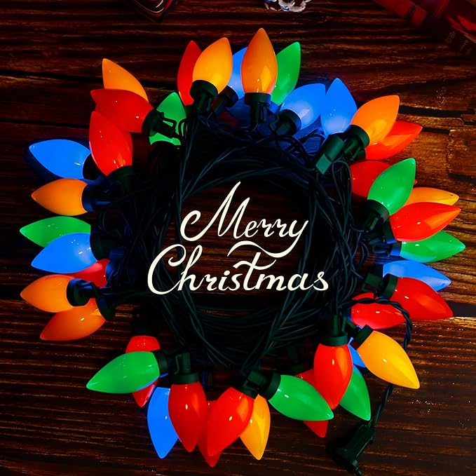 Multi Color C9 Big Bulbs Classic Christmas Lights 50 LED 32ft Indoor Outdoor Home Yard Xmas Tree Decorations (Multi Color - 50LED)