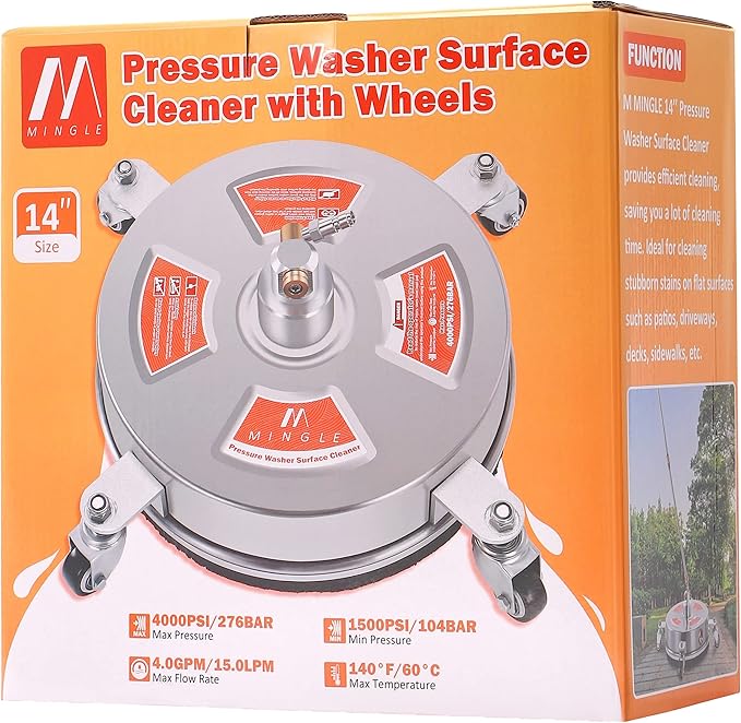 M MINGLE 14'' Pressure Washer Surface Cleaner Attachment, Driveway Power Washer Accessory with 2 Extension Wand, 1/4" Quick Connect, 4000 PSI