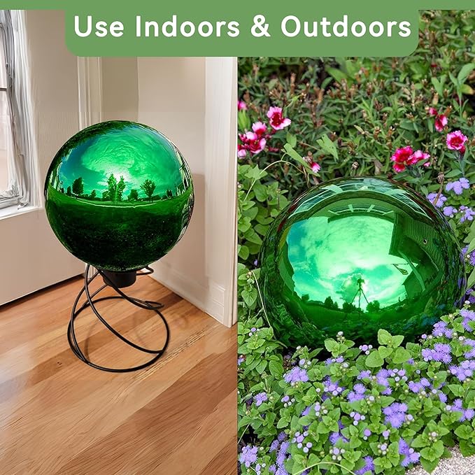 Lily's Home 12 Inch Stainless Steel Gazing Globe Mirror Ball, Colorful and Shiny Addition to Any Garden or Home, Ideal As a Housewarming Gift, Sparking Green