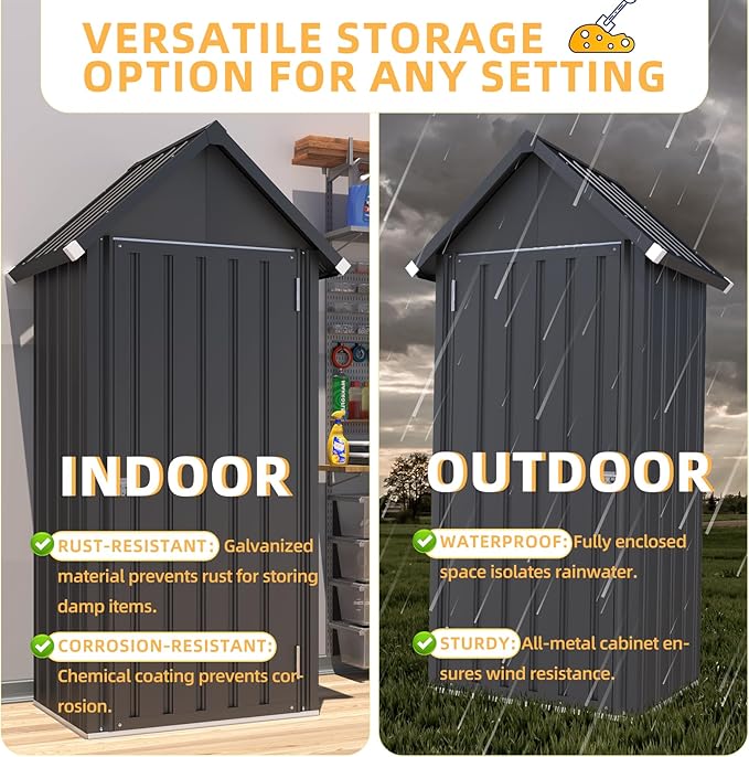 AECOJOY Outdoor Storage Cabinet Waterproof, Vertical Tall Outdoor Storage Cabinet with Shelves, All Weather Metal Vertical Storage Shed & Outdoor Cabient for Garden in Dark Grey