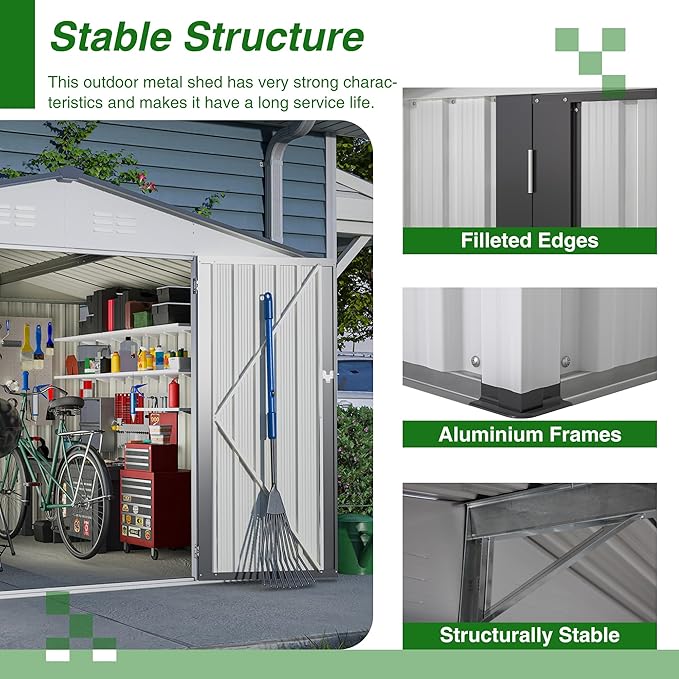 10X8 FT Outdoor Storage Shed, All Weather Metal Sheds with Lockable Doors, Tool Shed for Garden, Patio, Backyard, Lawn, White