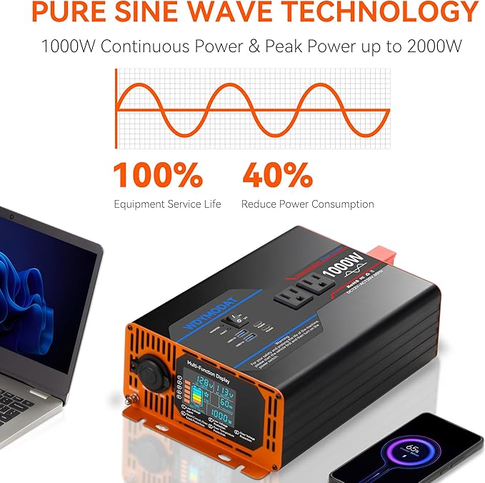 1000W Pure Sine Wave Inverter, Car Power Inverter 12V to 110V 120V, DC to AC Converter Generator with AC Outlets 3.0A USB Type-C, Remote Controller LCD Display Truck Inversor for Vehicles, RV