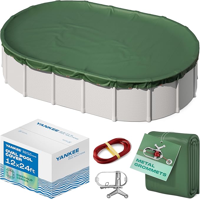 Yankee Emerald Series Pool Covers for Above Ground Pools | Oval 12x24 ft Swimming Pool Cover w/Steel-Core Cable, Winch for Winterization | 9 mil Medium-Thickness for Off-Season, On-Season Protection