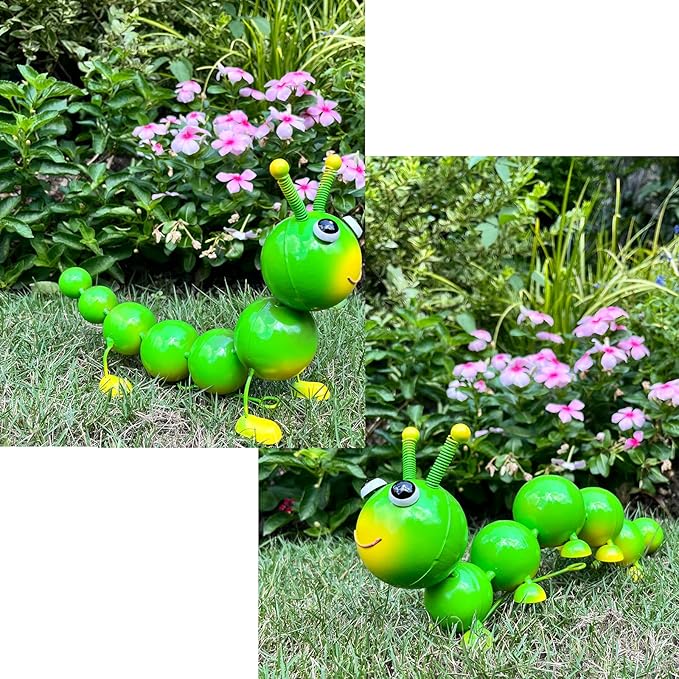 Metal Caterpillar Statue Yard Art Garden Decor for Outside Patio Lawn Ornaments Fence Decorations Gift for Family,Friends,Garden Lovers - Set of 2(Green)