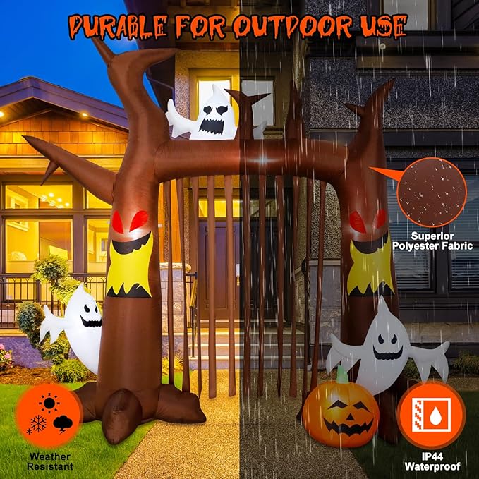 9FT Halloween Inflatable Dead Tree Archway, Halloween Blow Up Yard Decorations with Pumpkin & Ghost, Build-in LED Lights, Halloween Inflatable Arch for Halloween Party Outdoor Garden Lawn