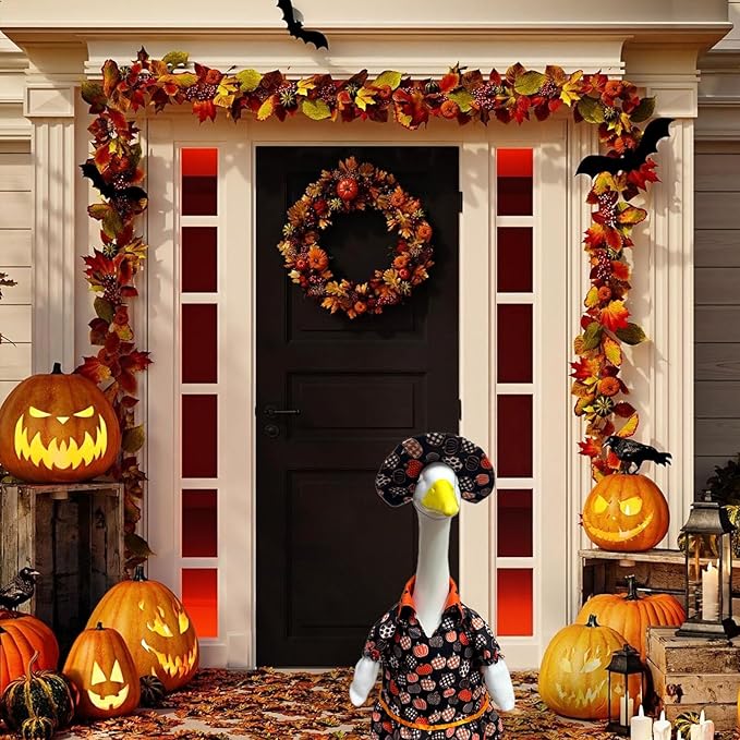 Halloween Porch Goose Outfit Set for 23'' Plastic Statue Lawn Porch Goose Clothes with Fall Pumpkin Skirt Hat Costume for Indoor Outdoor Patio Yard Lawn Art Decor