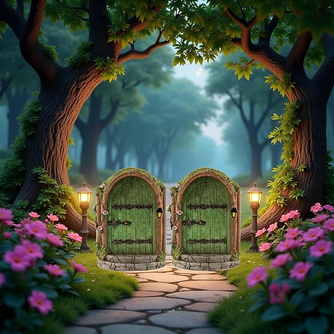 2Pcs Green Fairy Door Wooden Miniature Fairy Gardens Doors Outdoor Mini Fairy Gnome House Accessories for Tree Trunk Ornaments Garden Miniatures, Outdoor Statues,Garden Sculptures and Statues