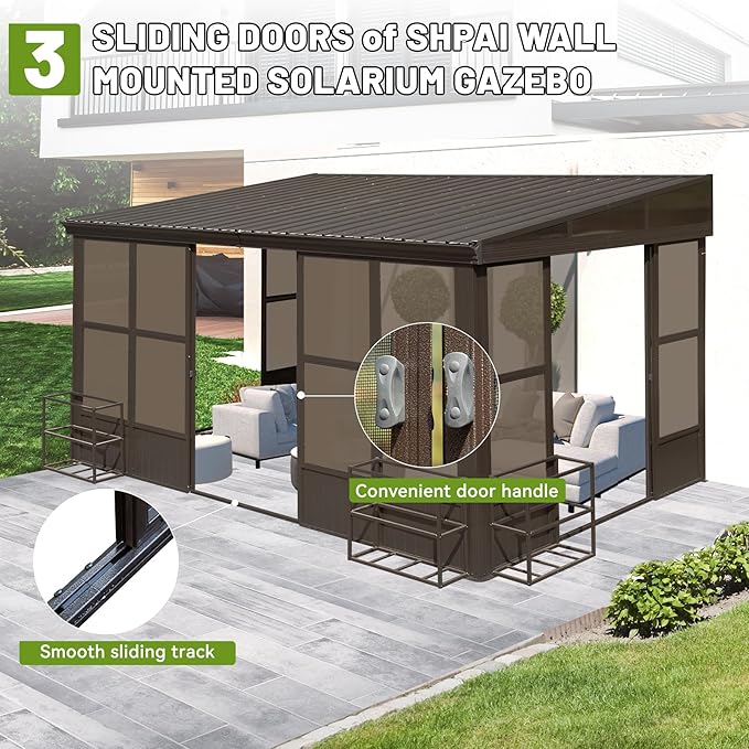 10x14FT Lean to Sunroom Enclosed Gazebo with Gutters,Wall Mounted Sun Room, Solarium with Galvanized Steel Sloping Roof &Detachable PC Screens, 3 Sliding Doors Sun Rooms for Patio, Deck -Brown