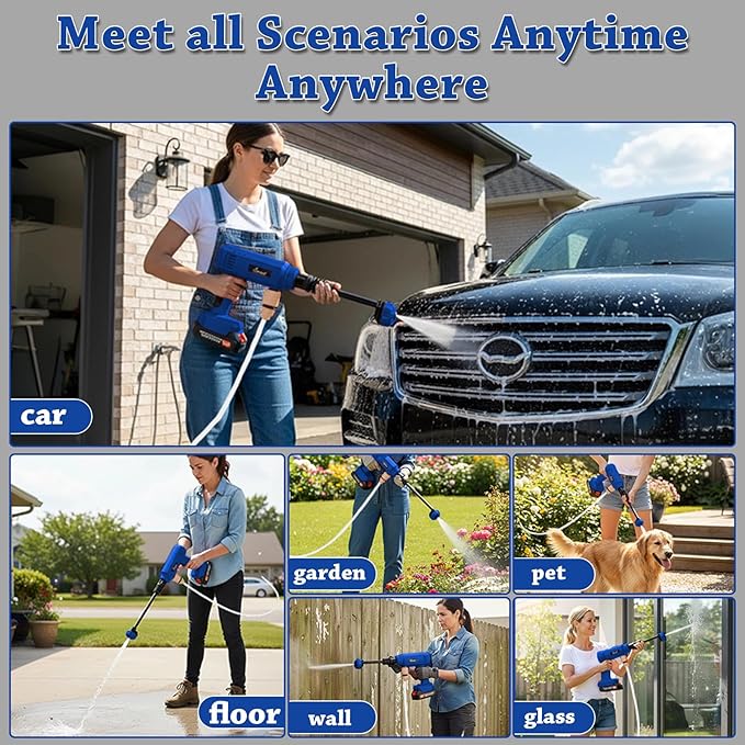 Power Washer,1200 PSI Cordless Pressure Washer with 2×21V Battery&6-in-1 Multi-Function Nozzle,Portable Pressure Washer Suitable for Cleaning Vehicles, patios, Glass, Floors, and Watering Plants