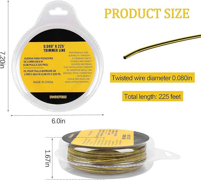 DWO1DT802 Trimmer Line for DEWALT Weed Trimmer Lines, 225-Foot by 0.080-Inch, 1 pc