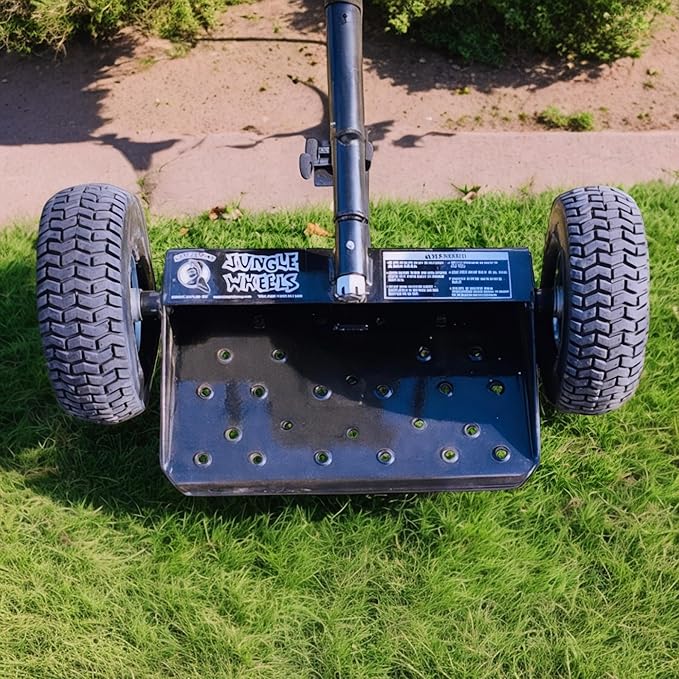 Jungle Jim's Jungle Wheels Lawn Mower Sulky – Black Edition – Stand-On Two-Wheel Sulky for Walk-Behind Mowers – Folding Trailer Hook Up – 10" Wheels – 2-Year Weld Warranty