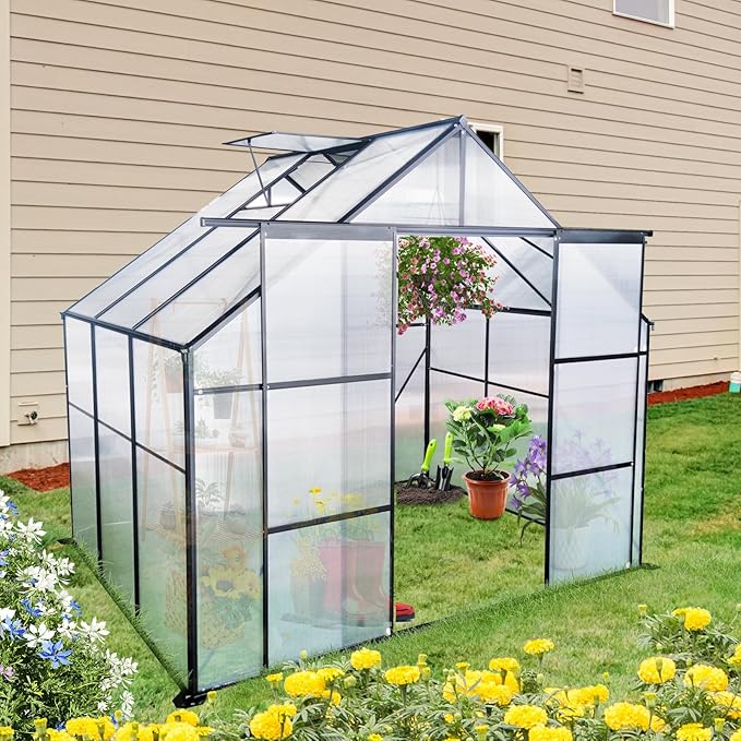 Favfurish 8X6 FT Greenhouses for Outdoors,Double Sliding Door Polycarbonate Greenhouse,Heavy Duty Walk-in Greenhouse, Drainage System & Galvanized Frame for Garden Backyard, Black