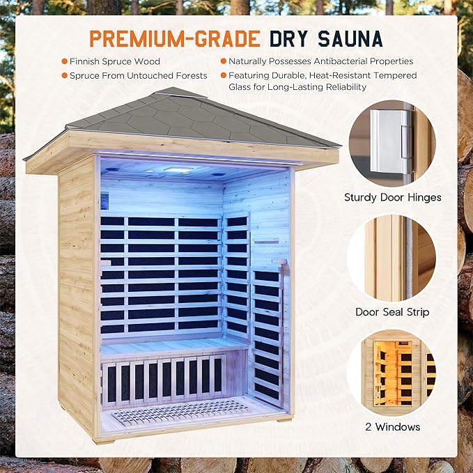 Albott Outdoor Sauna 3 Person, Infrared Saunas for Home, Low EMF 2645W/240V Spruce Wood Dry Sauna with Tourmaline Stone Foot Warmer, 7-Color Light Therapy & 2 Bluetooth Speakers, 60.2"x43.3"x98.4"