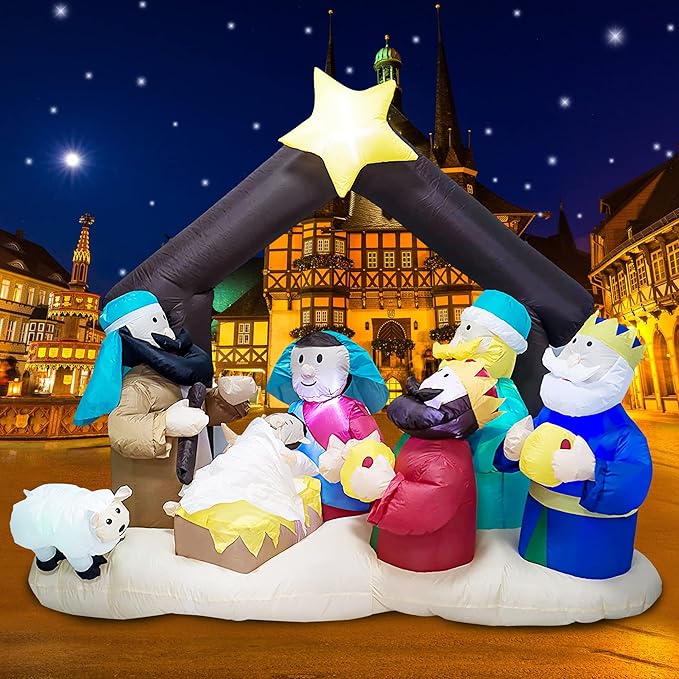 TRMESIA Christmas Inflatable Nativity Sets for Christmas Outdoor Decoration with Flashing LED Lights,Outdoor Inflatable Nativity Scene Set Lighted Blow up Baby Jesus Yard Indoor Props