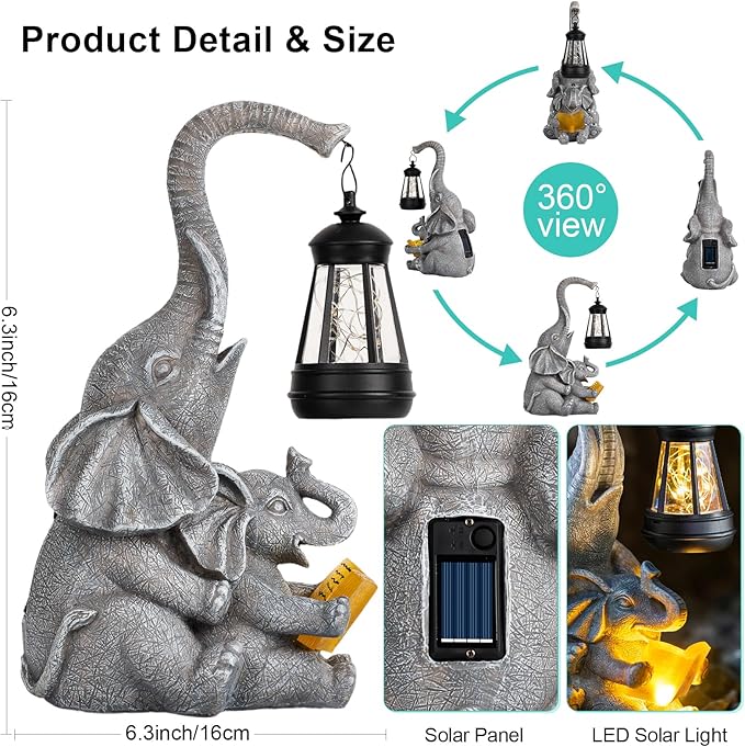 Solar Elephant Statue Lights Outdoor Garden Decoration, Elephant Statue with Solar Lantern Outdoor Decoration for Mother Women Birthday Gift-Courtyar Balcony Lawn Decor