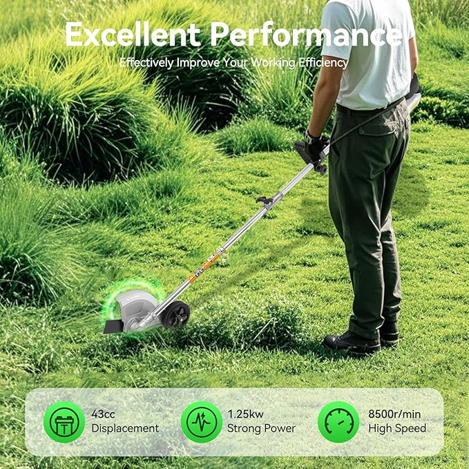 43CC Gas Powered Weed Gas Edger, 1250W Single-Cylinder Air-Cooled 2-Stroke Gasoline Engine Weed Trimmer with 2 Blade Heads, Gas Edger for Garden Lawn Grass Trimmer(8500r/min)