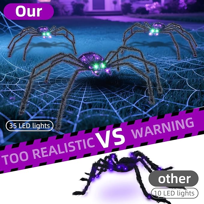 HOYECHI 3-Piece Lighted Halloween Spider - Holiday Decorations Outdoor Set of 3 Spider with 35 LED Lights for Front Yard Porch Gardens Party Outside Halloween Decor - Black