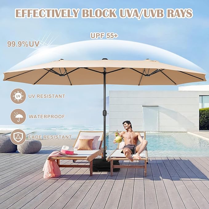 Sundale Outdoor Olefin 5-Year-Non-Fading 15 ft Patio Umbrella with Sand Bag Base and Cover, Large Outdoor Double-Sided Umbrella