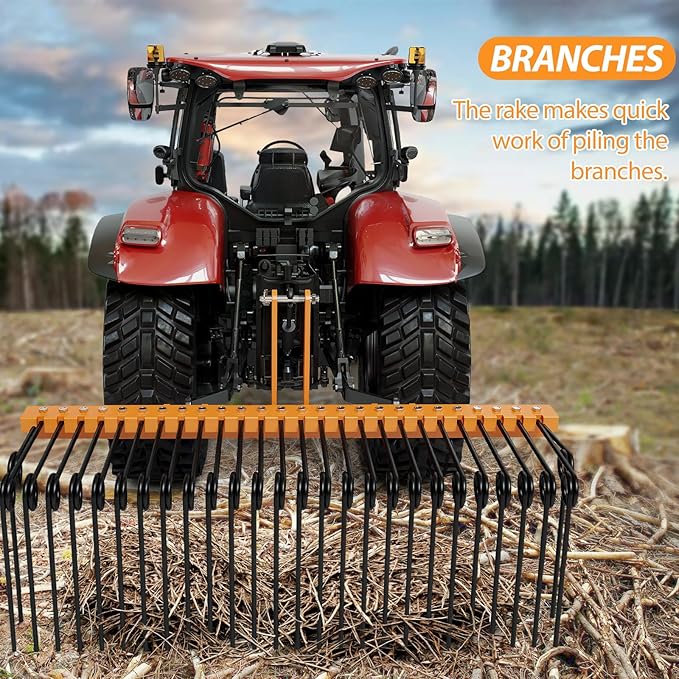 60" Durable Powder Coated, Steel Pine Grass Rake, Steel Spring Landscape Rake, Cat 0 Cat 1 Attaches to Tractor, 3-Point Hitch, Black + Orange