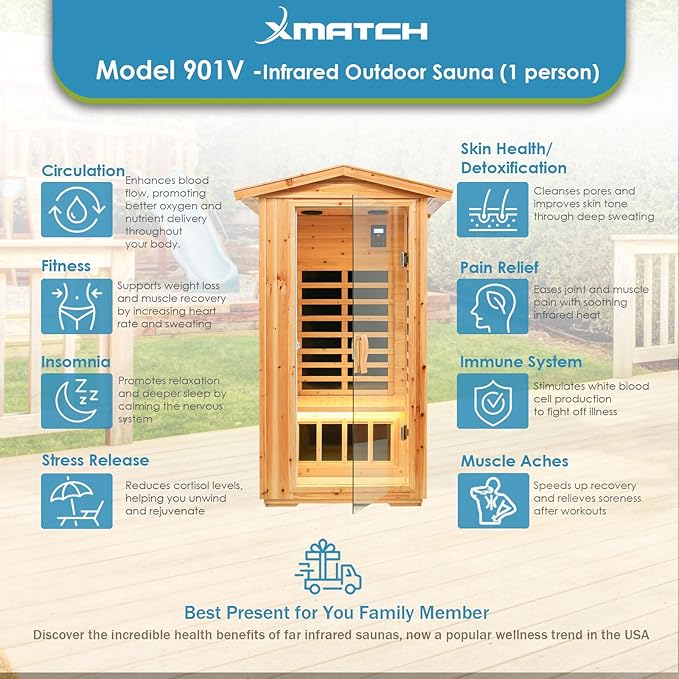 Saunas 901V Far Infrared Sauna, Outdoor Wooden Dry Sauna Low EMF (Hemlock Wood, 1-Person Size)