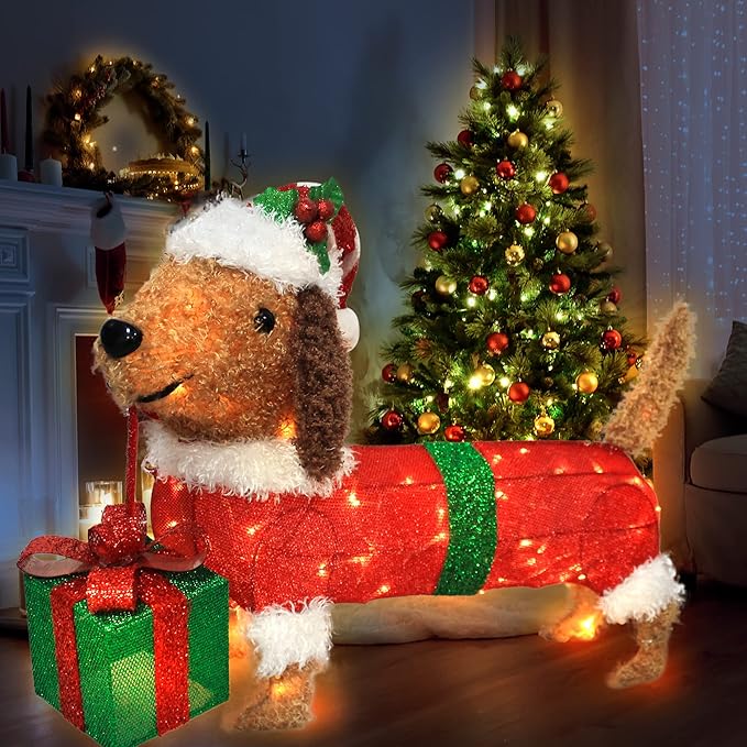 28" Long Christmas Dog Decoration with Lights,Xmas Dachshund with Hat Take a Gift Box, Weiner Dog Lighted up for Indoor Outdood Home Garden Party Yard Porch Under Christmas Tree Holiday Addition