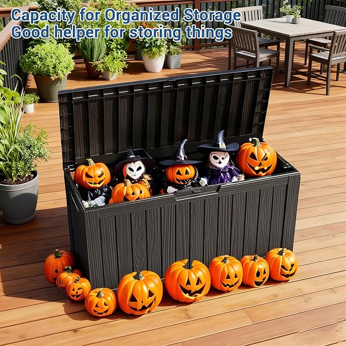 Deck Box Outdoor with 75 Gallon, Rollers for Mobility, Handles Waterproof Storage Box with Lockable for Store Garden Tools Backyard, Multi-Functional Seat & Table, Black