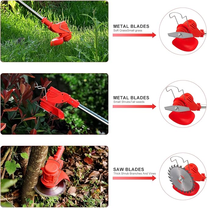Weed Wacker Cordless Electric Brush Cutter Stringless Weed Eater with 2 Types Blades 2 Batteries Lightweight for Garden Yard Lawn Trimming/Pruning,1 Charger Red