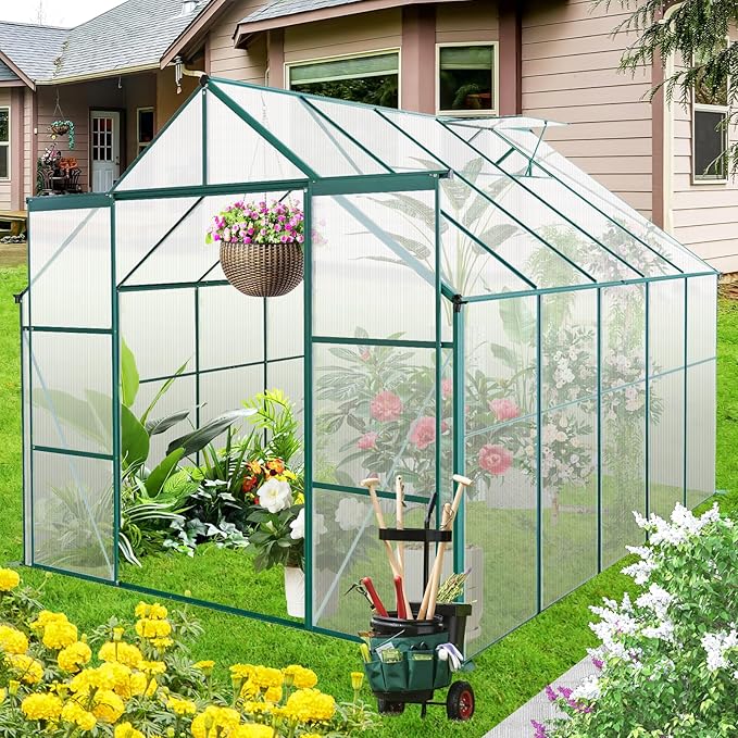 Favfurish 8×10 FT Greenhouses for Outdoors,Polycarbonate Greenhouse, Aluminum Heavy Duty Walk-in Garden Plants Green Houses, Raised Base and Double Sliding Door for Outside Backyard, Green
