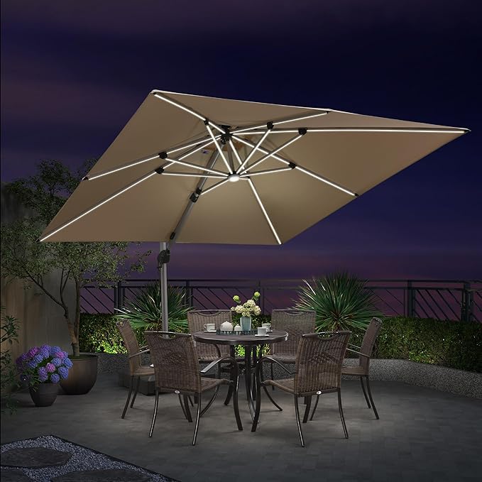 PURPLE LEAF 10 Feet Solar Powered LED Square Cantilever Umbrella With Base Patio Umbrellas Windproof Hanging Umbrella Outdoor Umbrellas Offset Umbrellas, Beige